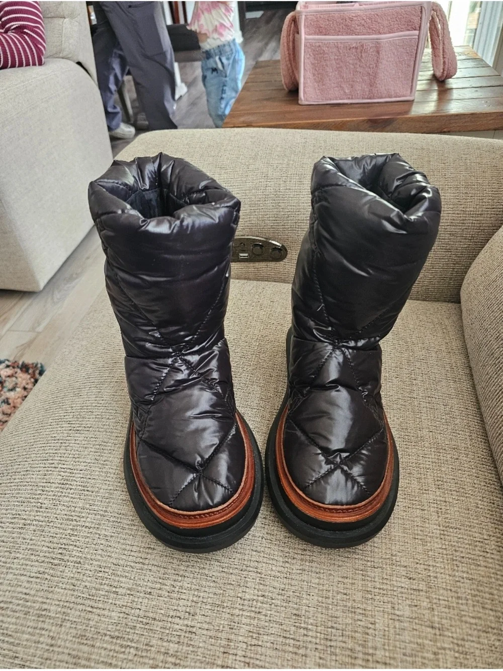 Tory Burch Black Quilted Puffer Ankle Boots with Brown Trim